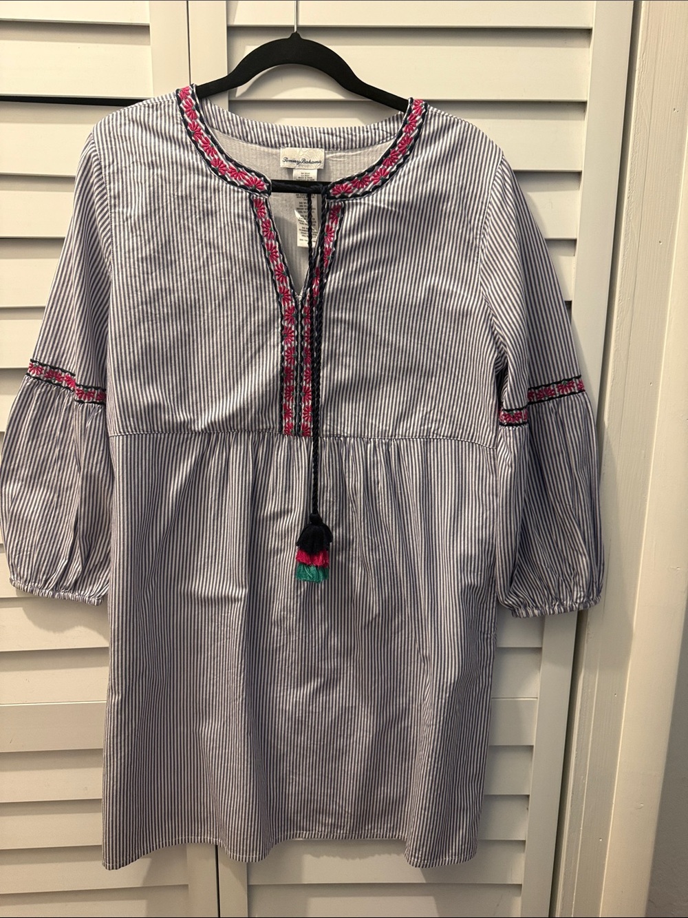 Tommy Bahama Light Blue & White Striped  Dress with Embroidered Trim, Size S/P